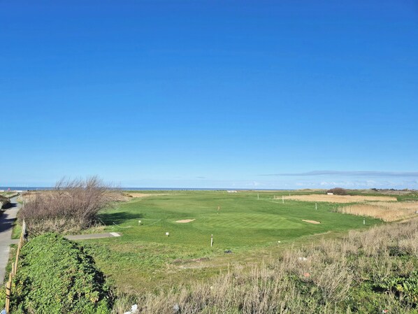 A golf course with a clear sky, a path on the left, and distant wind turbines.
