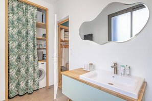 Hair dryer, towels, soap, toilet paper