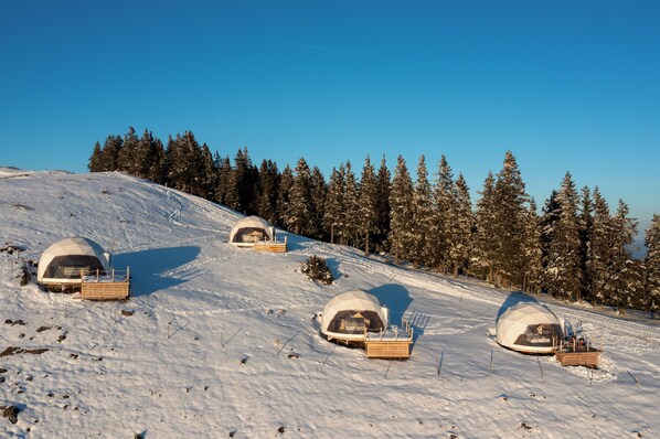 Trois yourtes en forme de dôme, installées sur une pente enneigée, avec une forêt en arrière-plan.