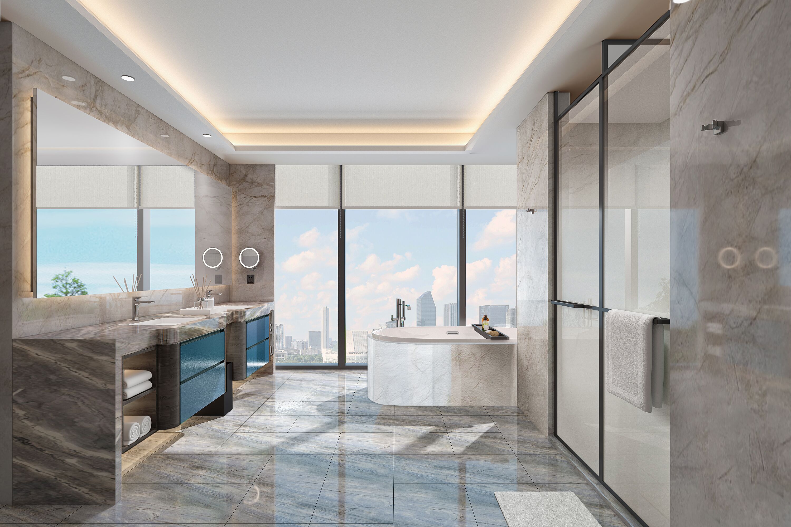 Une salle de bain moderne dotée d’une grande baignoire, d’un meuble-lavabo à deux vasques et d’une cabine de douche en verre.