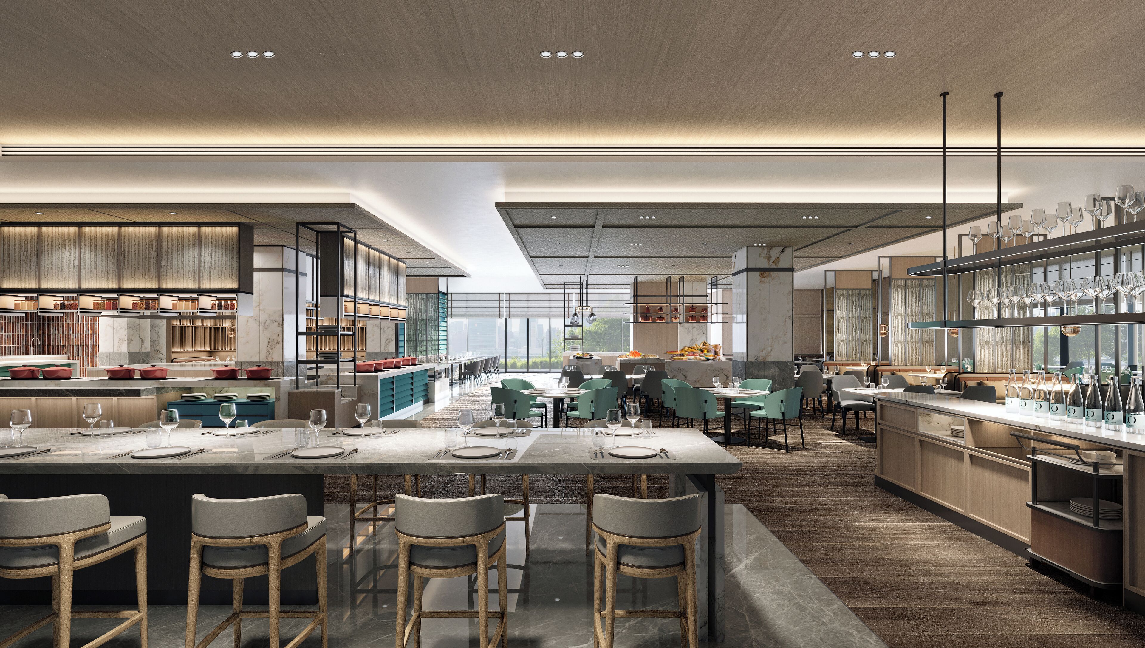 Un restaurante moderno con una isla central, zona de bar y asientos.