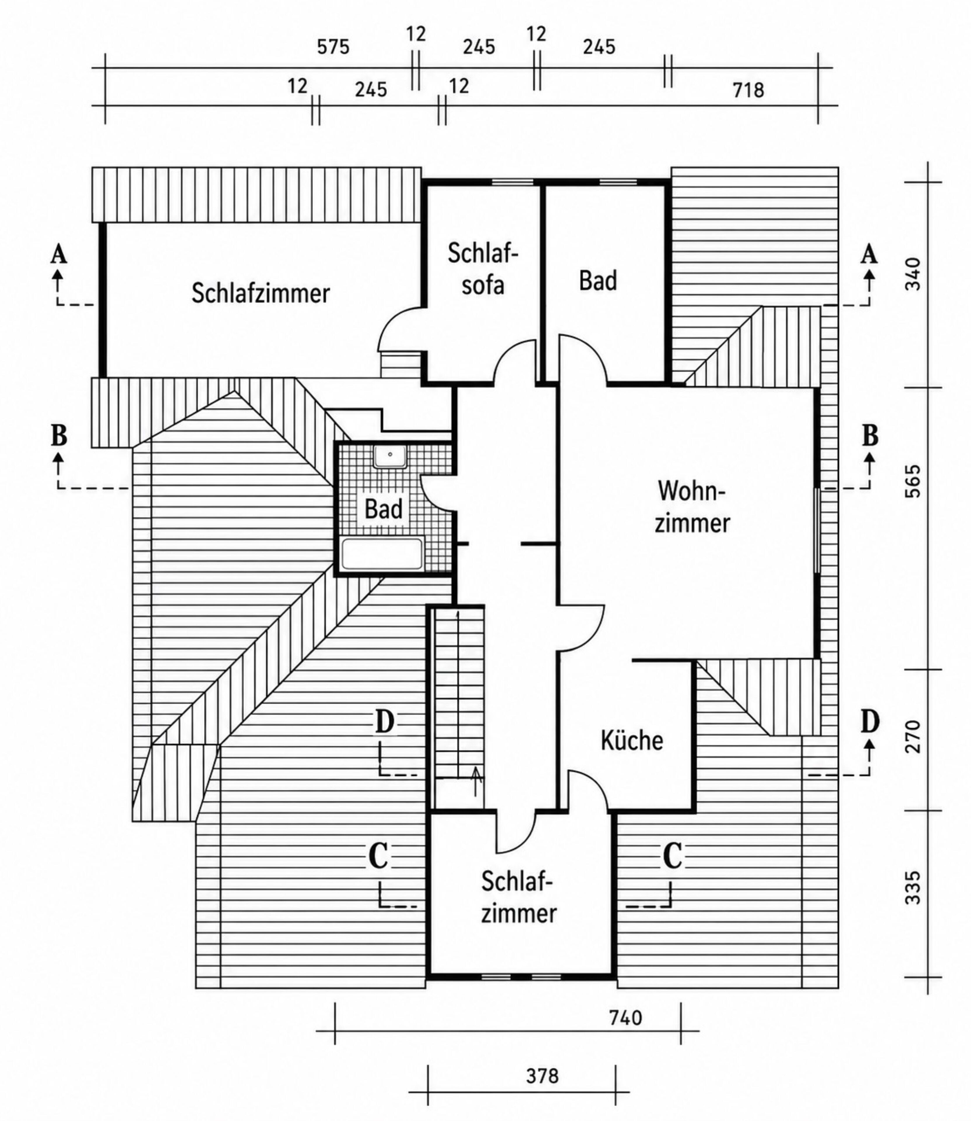 Grundriss mit beschrifteten Räumen, darunter ein Wohnzimmer, Küche, Bad und zwei Schlafzimmer.