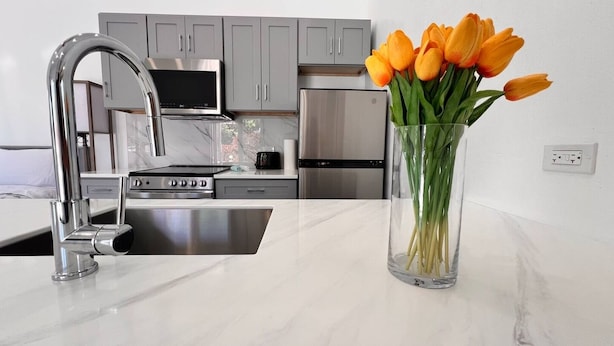 Een moderne keuken met roestvrijstalen apparatuur, een marmeren aanrecht en een vaas met tulpen.