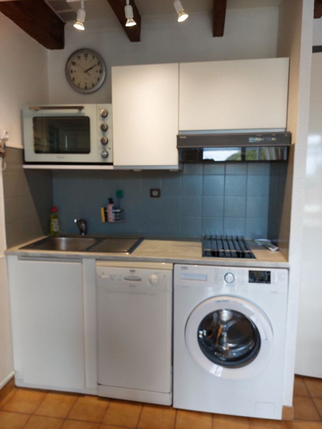 A compact kitchen with a microwave, dishwasher, and washing machine.