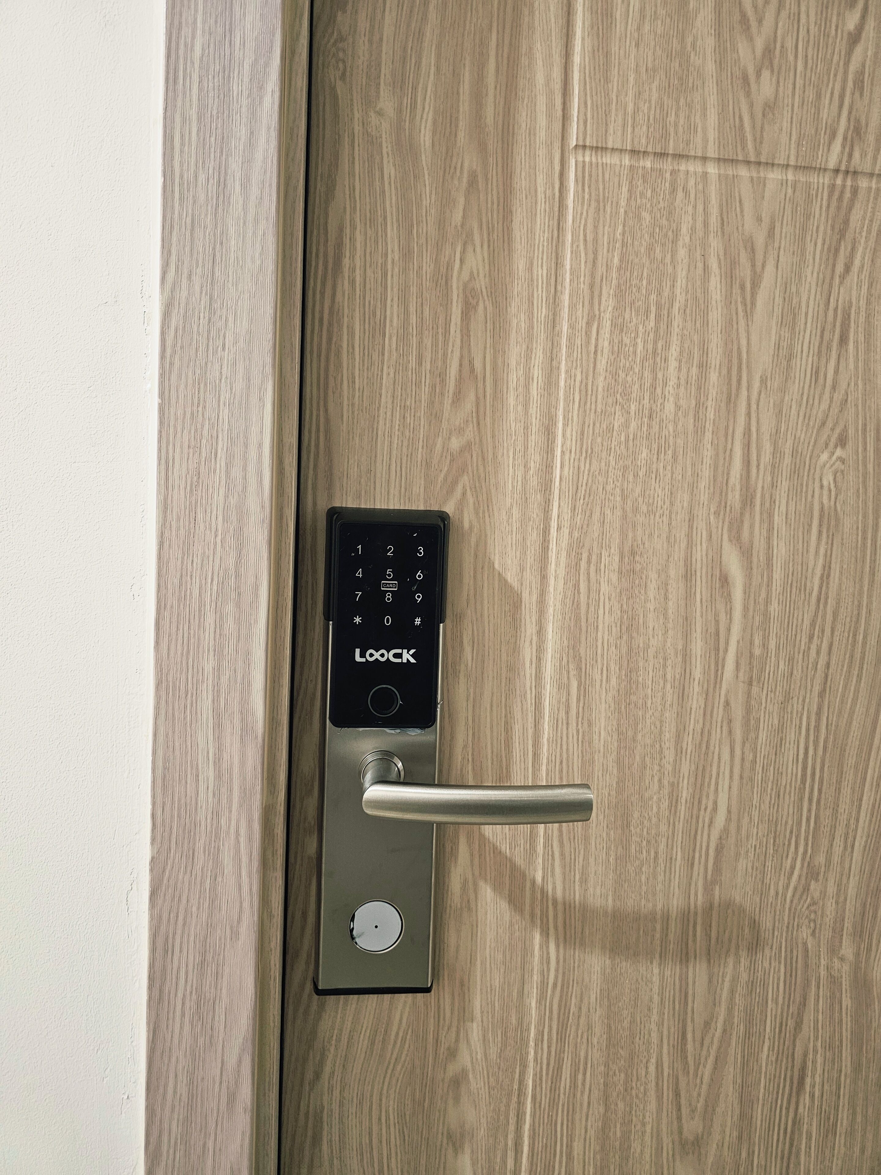 A modern door with a digital lock and a keyhole.