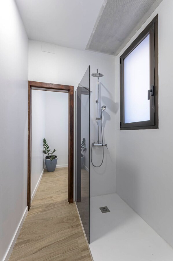 Un baño moderno con cabina de ducha de vidrio, una planta en maceta y suelo de madera.