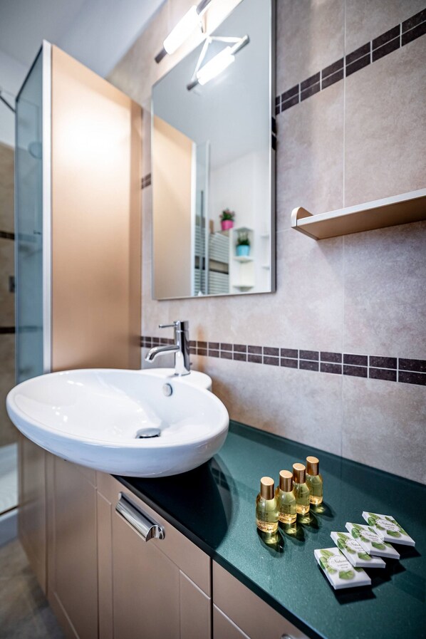 Shower, hair dryer, bidet, towels