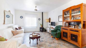 Una televisión, una chimenea