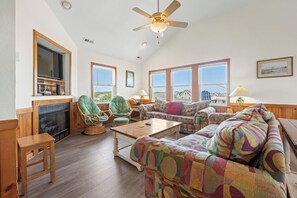 TV, fireplace, DVD player, foosball