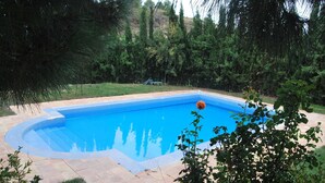 A rectangular swimming pool with a blue interior, surrounded by a tiled deck and a grassy area with trees.