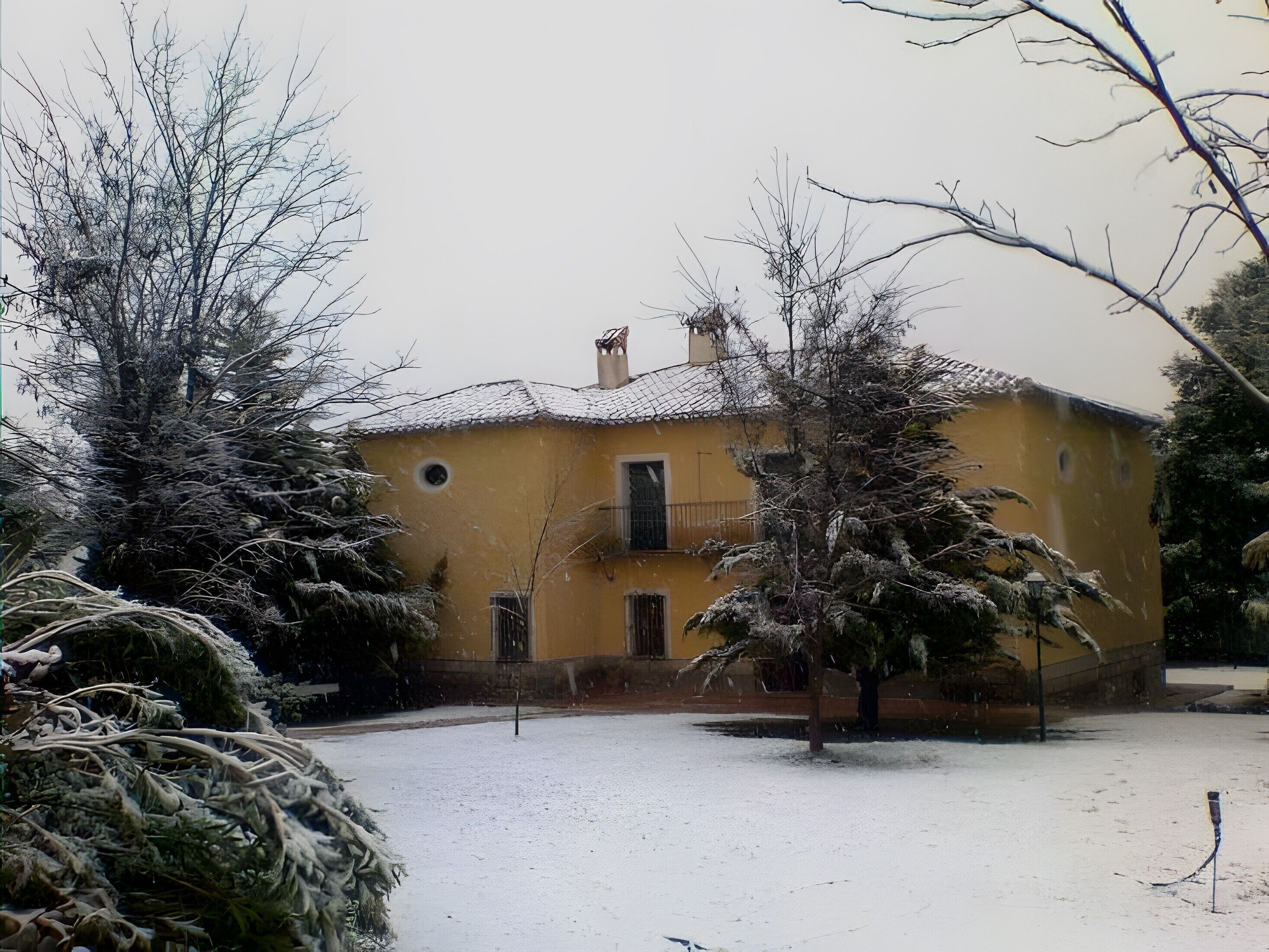 Un edificio amarillo con tejado de baldosas, rodeado de árboles cubiertos de nieve y suelo nevado.
