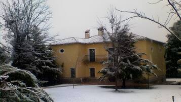 Un edificio amarillo con tejado de baldosas, rodeado de árboles cubiertos de nieve y suelo nevado.