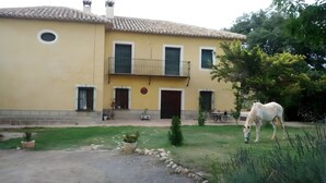 Un edificio de dos pisos con fachada amarilla, un balcón y un caballo en el patio.