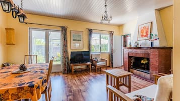 Televisie, een open haard, een dvd-speler en een stereo