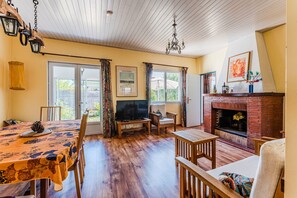 Televisión, chimenea, reproductor de DVD y estéreo