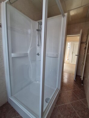 Hair dryer, towels, soap, toilet paper