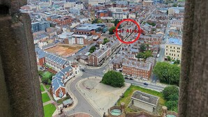 An aerial view of a cityscape with a prominent red circle highlighting a specific area. - 2 Mins to Cathedral | Georgian Quarter | City Break (Liverpool City Centre)
