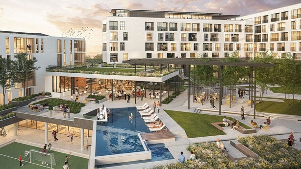 Un edificio moderno con varios pisos, zonas de estar al aire libre, piscina y jardín en la azotea.