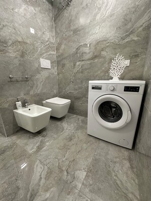 Shower, hair dryer, bidet, soap