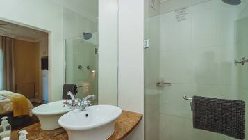 A bathroom with two sinks, a shower, and a mirror.
