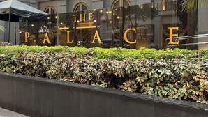 Eine Gebäudefassade mit großen, beleuchteten Buchstaben, die „THE PALACE“ schreiben, und ein gepflegter Heckenstreifen davor.