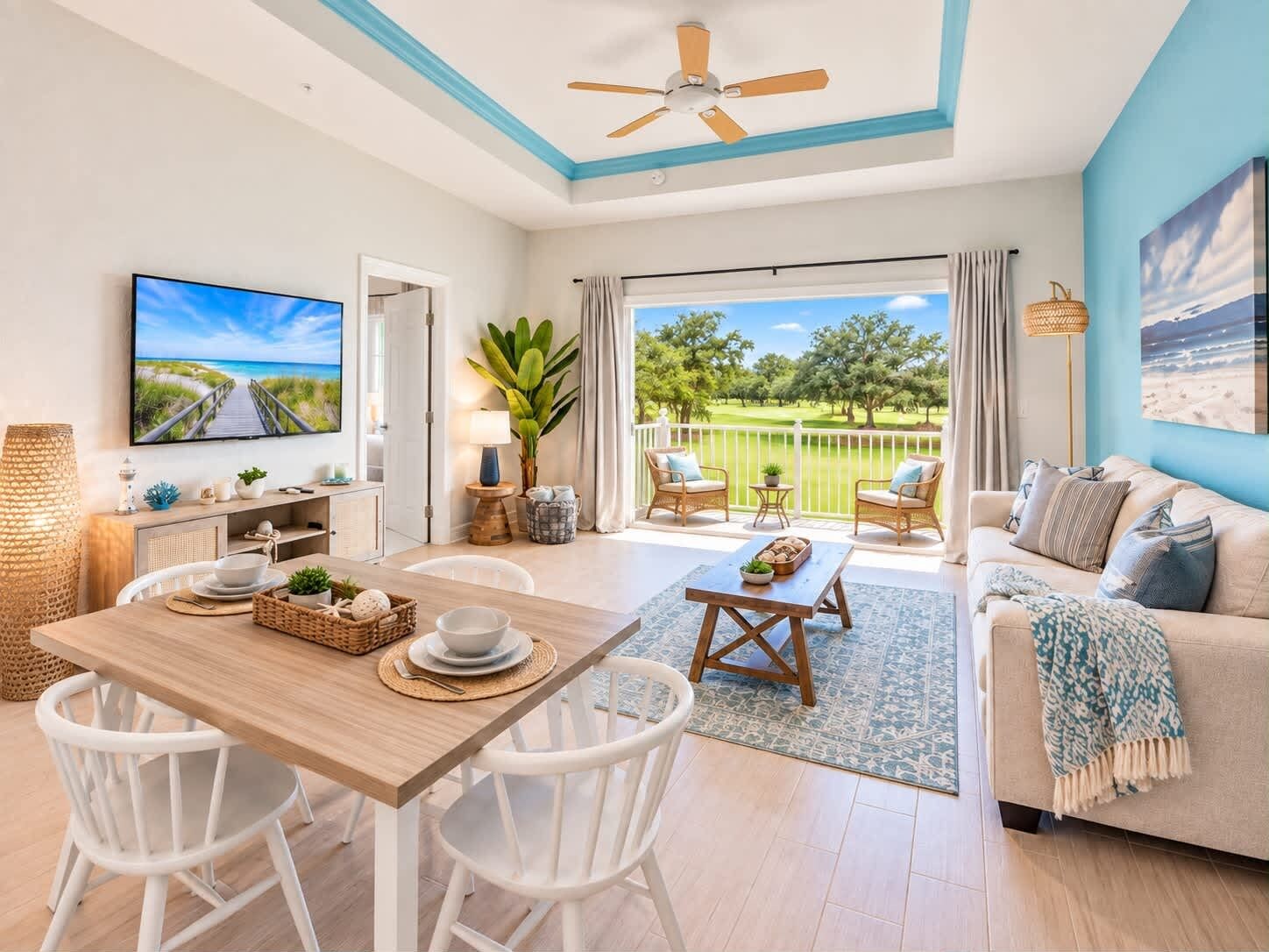 A spacious living area with a dining table, white chairs, a sofa, and a balcony with a view of a golf course.