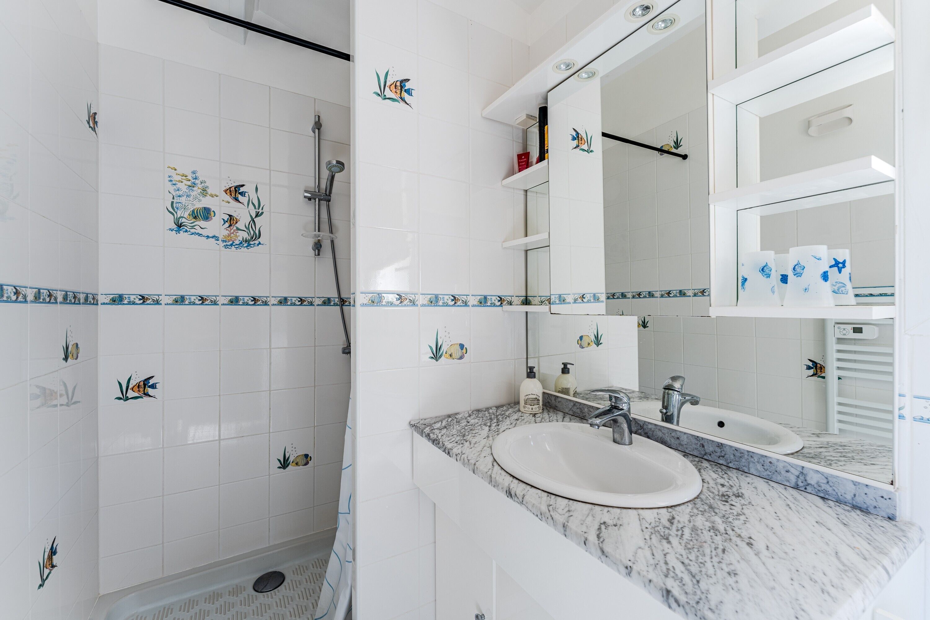 Shower, hair dryer, towels