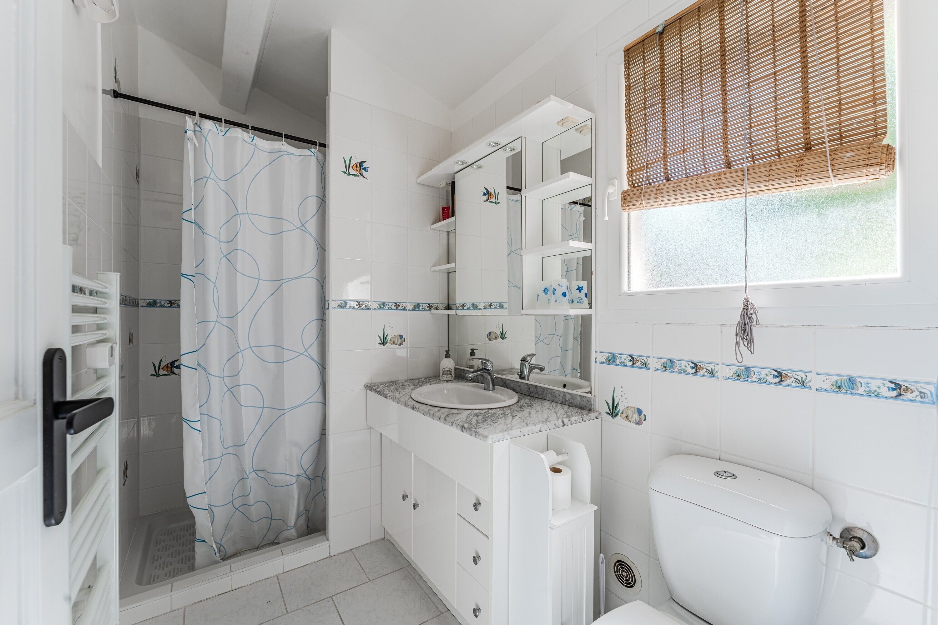 Shower, hair dryer, towels