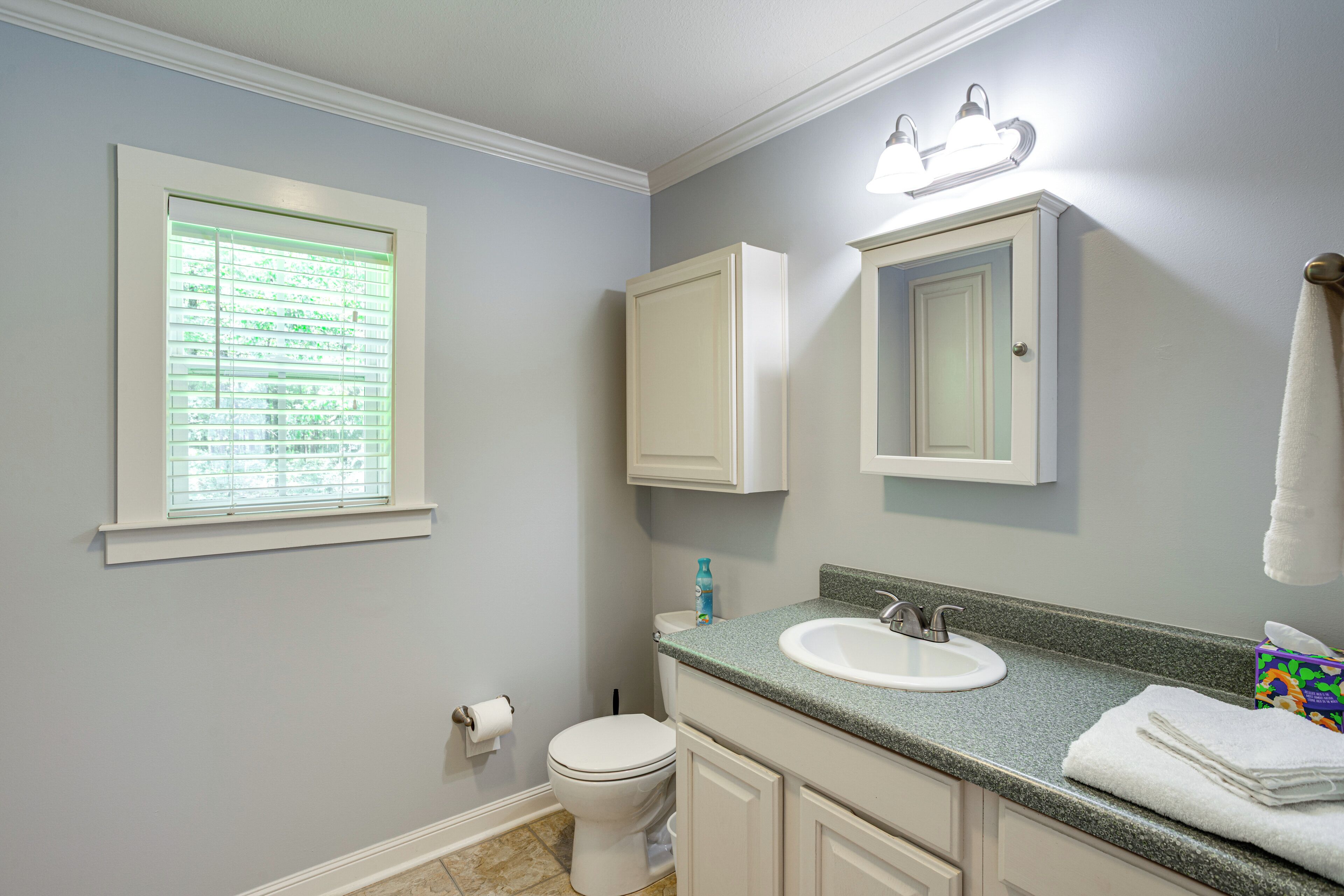 A bathroom with a toilet, sink, and vanity.