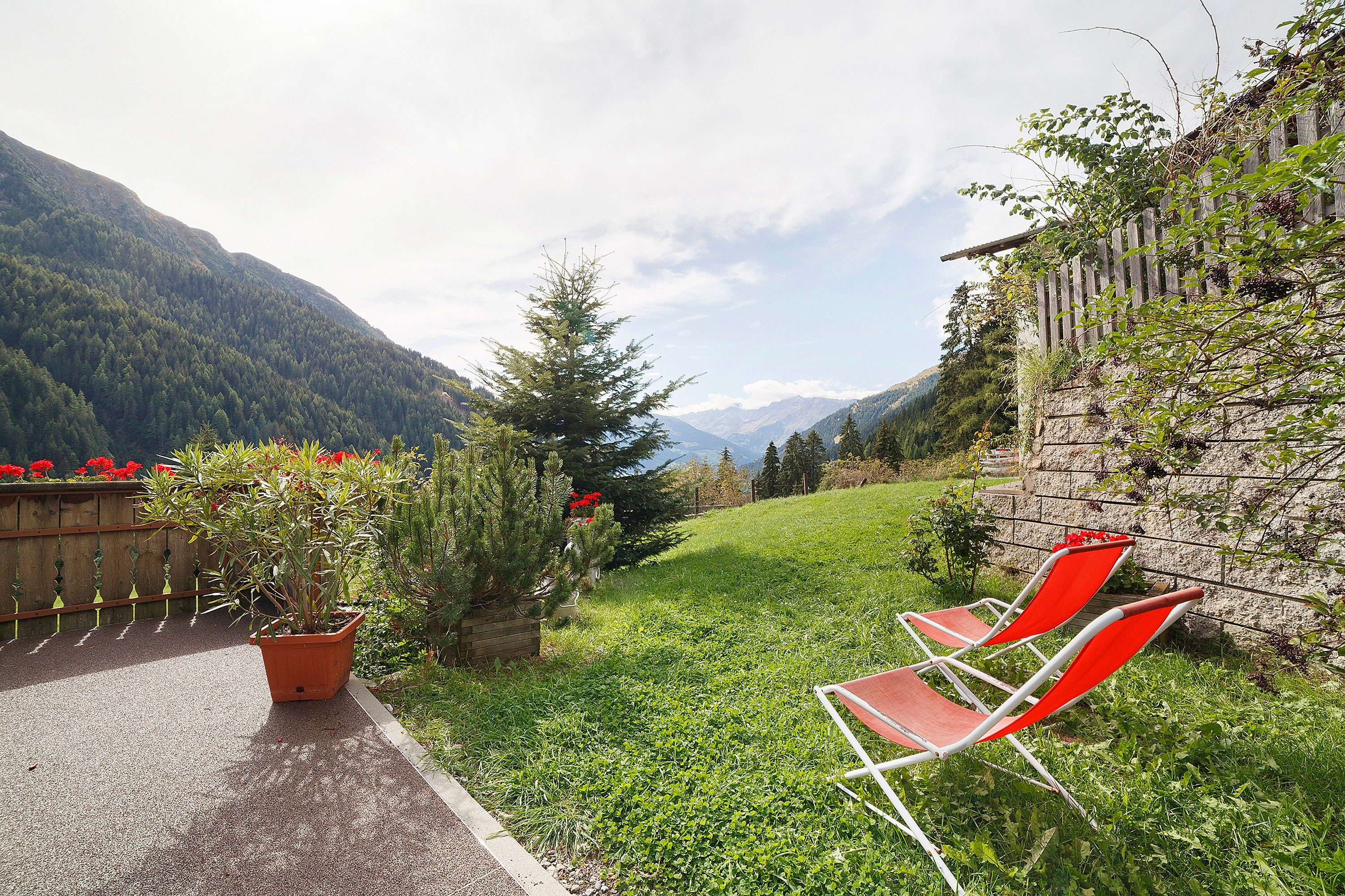 Ein Garten mit einem gepflasterten Weg, Blumentöpfen und zwei roten Stühlen.