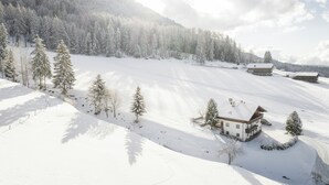 A snow-covered landscape with a wooden cabin and a forested mountain in the background. - Hotel Baumwirt (Castelrotto)