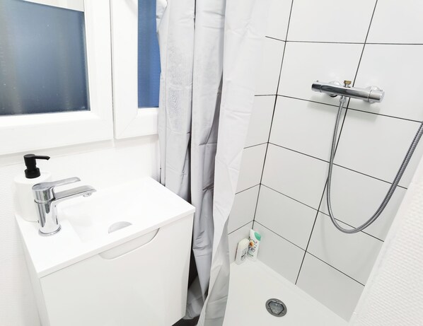 A bathroom with a white sink, a faucet, a shower with a handheld showerhead, and a window with a blue view.