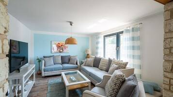 Smart TV, fireplace, stereo
