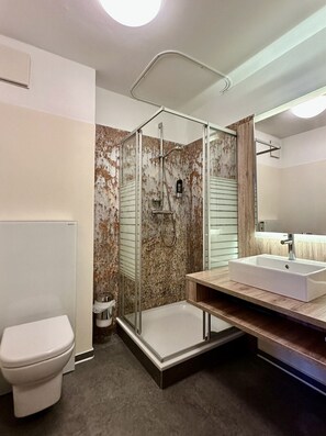 Une salle de bain moderne avec une douche à parois de verre, des toilettes blanches et un grand miroir au-dessus d’un lavabo rectangulaire.