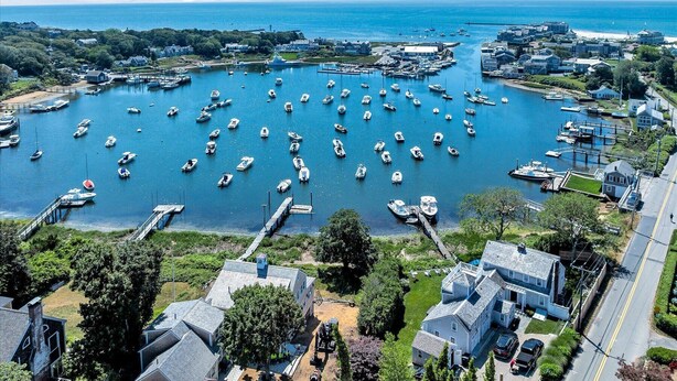 An aerial view of a marina with numerous boats docked, surrounded by residential buildings and greenery.