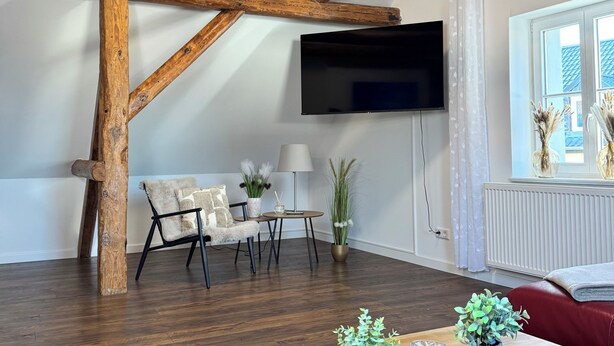 A loft-style room with exposed wooden beams, a flat-screen TV, a dining table with potted plants, a sofa, and a radiator. - Country house by the lake with fenced plot in Brandenburg an der Havel (Brandenburg)