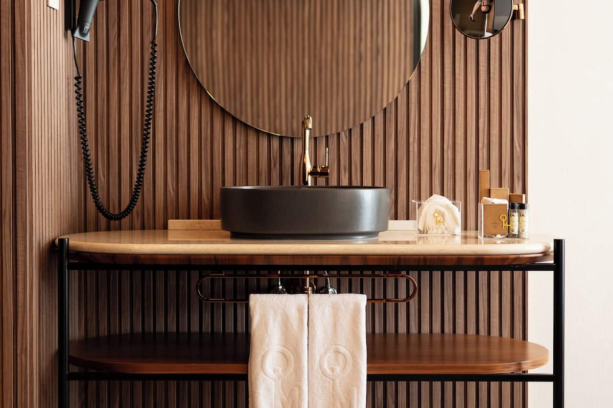 Hair dryer, slippers, towels, soap