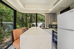 Fridge, microwave, coffee/tea maker, toaster