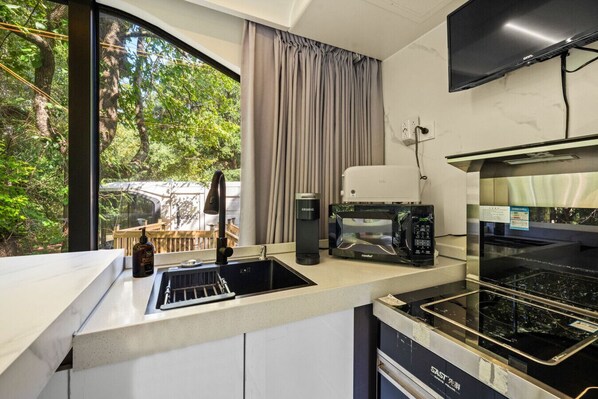 Fridge, microwave, coffee/tea maker, toaster