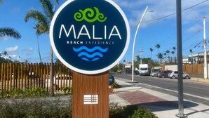 Une enseigne pour «MALIA Beach Experience », avec un logo, entourée de palmiers et d’une clôture en bois.