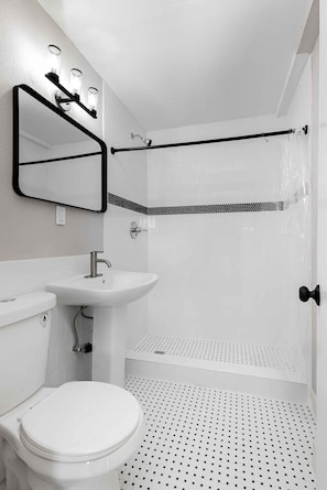 Hair dryer, towels, soap, toilet paper
