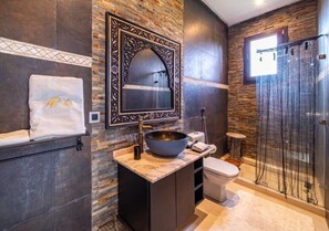 Hair dryer, bidet, towels, soap