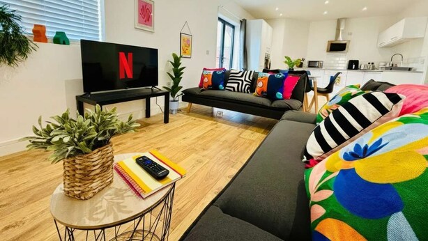 Un salon moderne avec un canapé, un téléviseur et une petite table sur laquelle sont posés une plante et un livre.