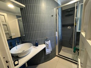 Shower, hair dryer, bidet, towels