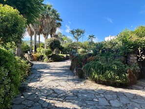 A stone pathway in a lush garden with various plants and trees. - Villa Valè (Ischia)