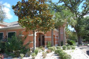 A building with a pink facade, a covered entrance, and a garden with various plants and a palm tree.