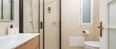 Shower, hair dryer, towels
