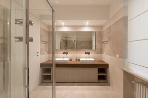 Shower, hair dryer, bidet, towels