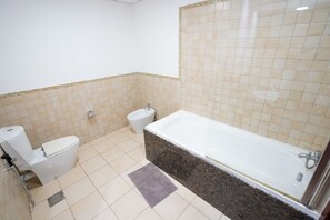 Shower, jetted tub, hair dryer, bidet