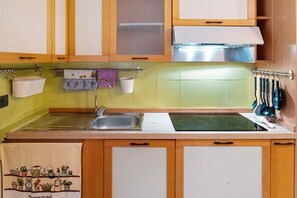 Kühlschrank, Mikrowelle, Herdplatte, Kochgeschirr/Geschirr/Besteck